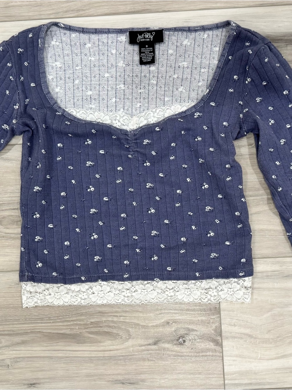 Just Polly Blue Floral Lace-Trim Ribbed Long-Sleeve Top